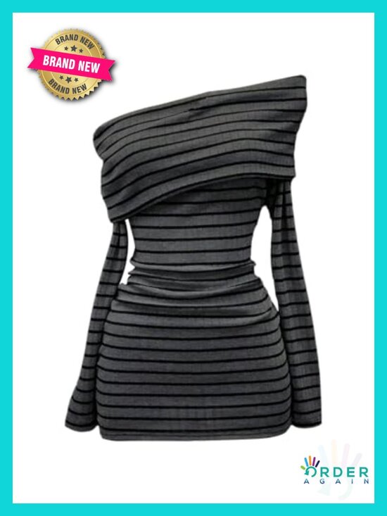 Dresses & Skirts - Off Shoulder Striped Fold Over Mini Dress Rib Knit Slim Fit Y2K